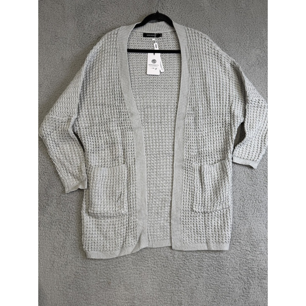 MEROKEETY Cardigan Sweater Womens Small Gray Open Front Waffle Knit Pockets Cozy